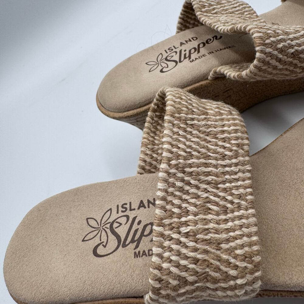 Island Slipper Wedge Slide Sandal, Platform,  Elastic Woven Natural Tan Size 7